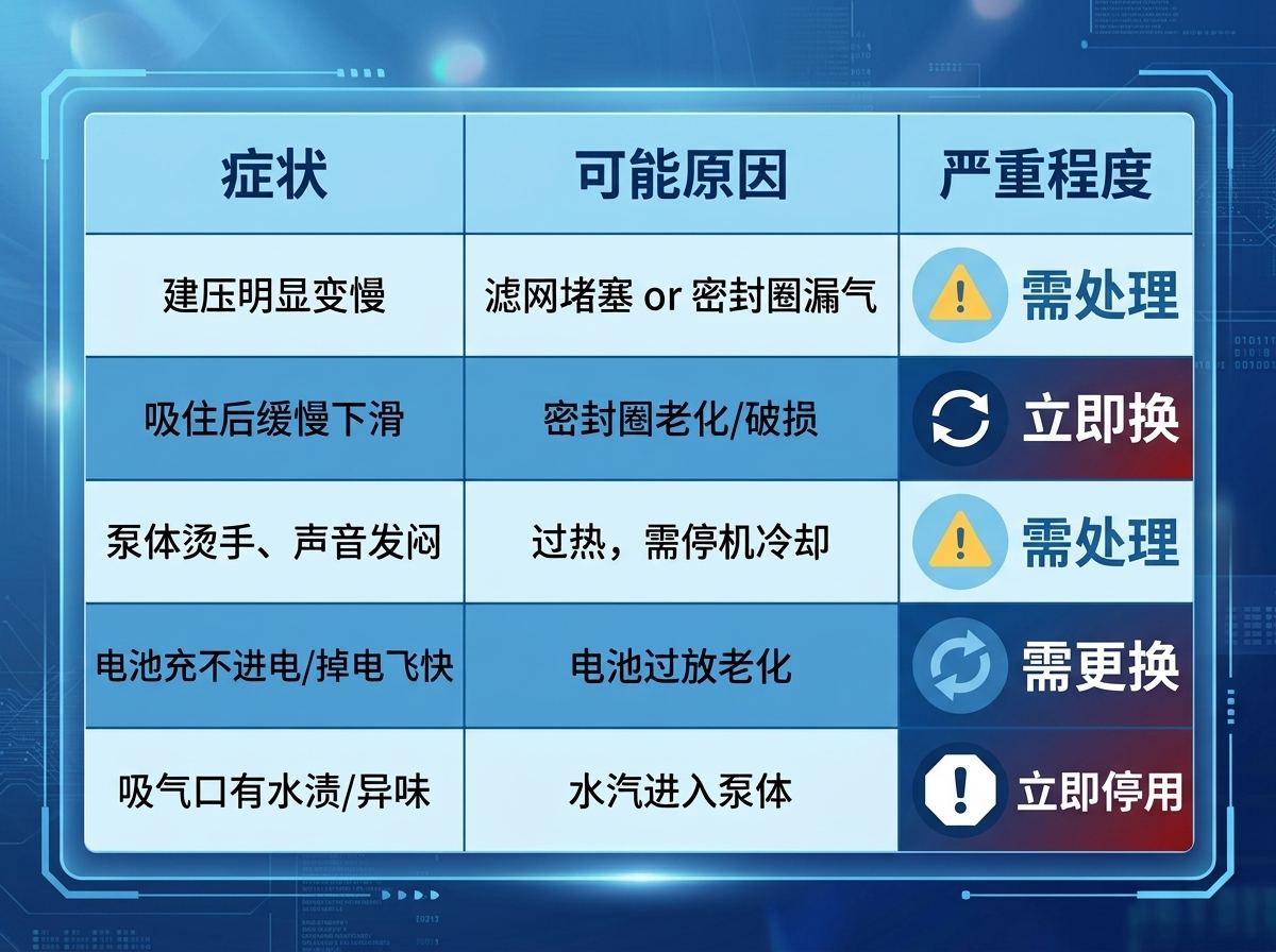 电动吸盘常见故障对照表：症状、可能原因和严重程度