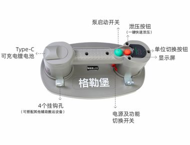 格勒堡电动吸盘侧面示意：Type-C 可充电电池、泵启动开关、泄压按钮和挂钩孔