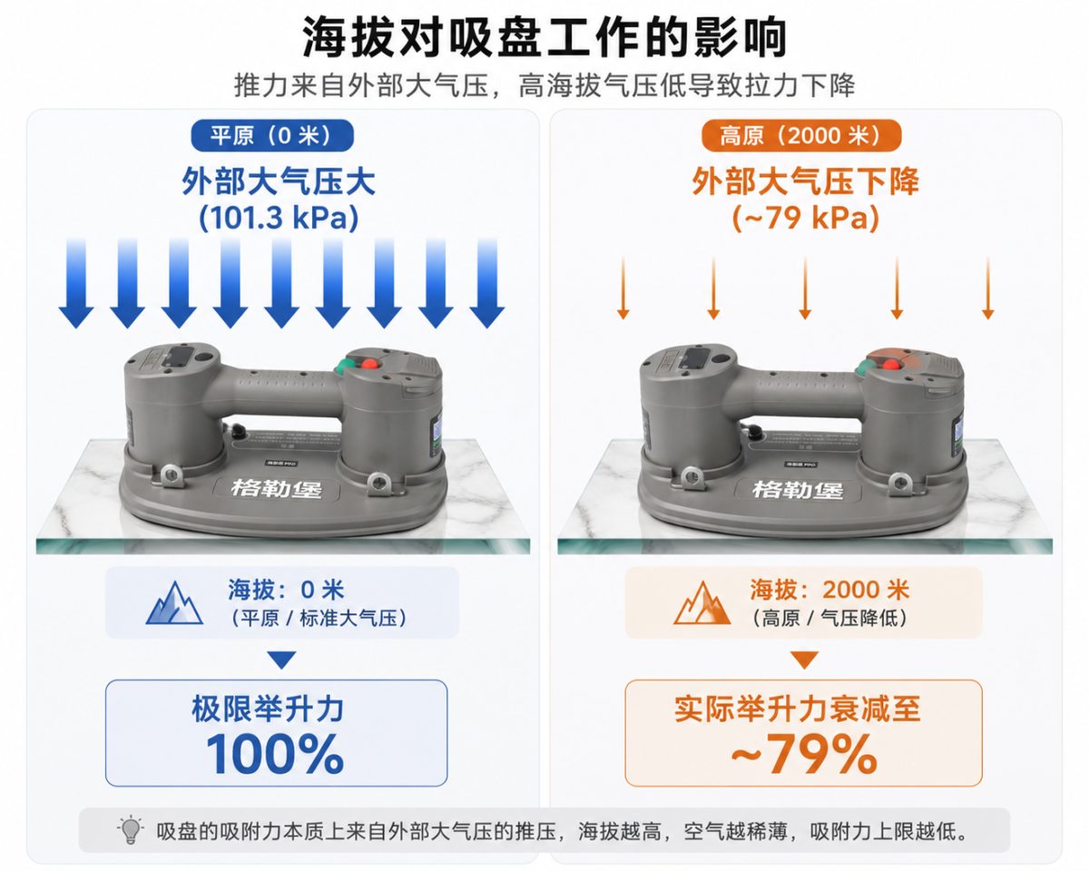 海拔对吸盘工作的影响：平原与2000米海拔的大气压和举升力对比